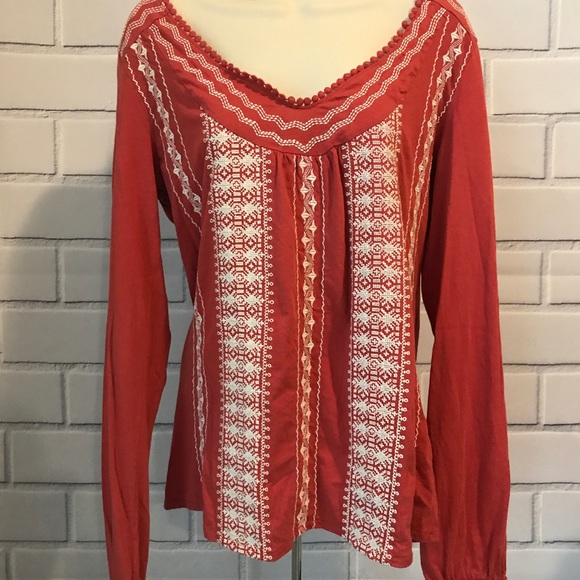Lucky Brand Tops - LUCKY BRAND Peasant Top Coral white Embroidery